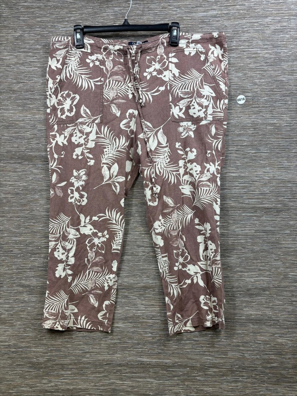 Chadwicks Of Boston Capri Pants Womens L Brown Linen Rayon Floral Tropical Crop
